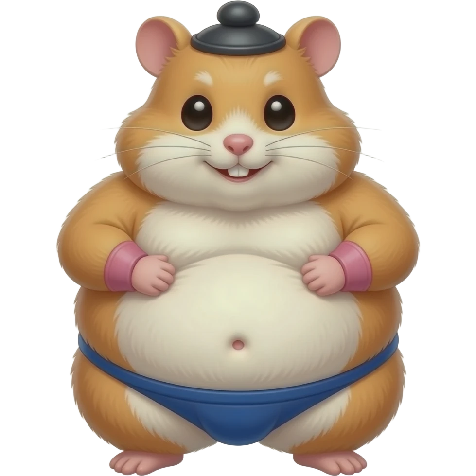 A cute female hamster,suited to be a sumo wrestler,she rubs her huge overstuffed stomach,a cute little bellybutton poking out of her fur,she is massively fat. emoji