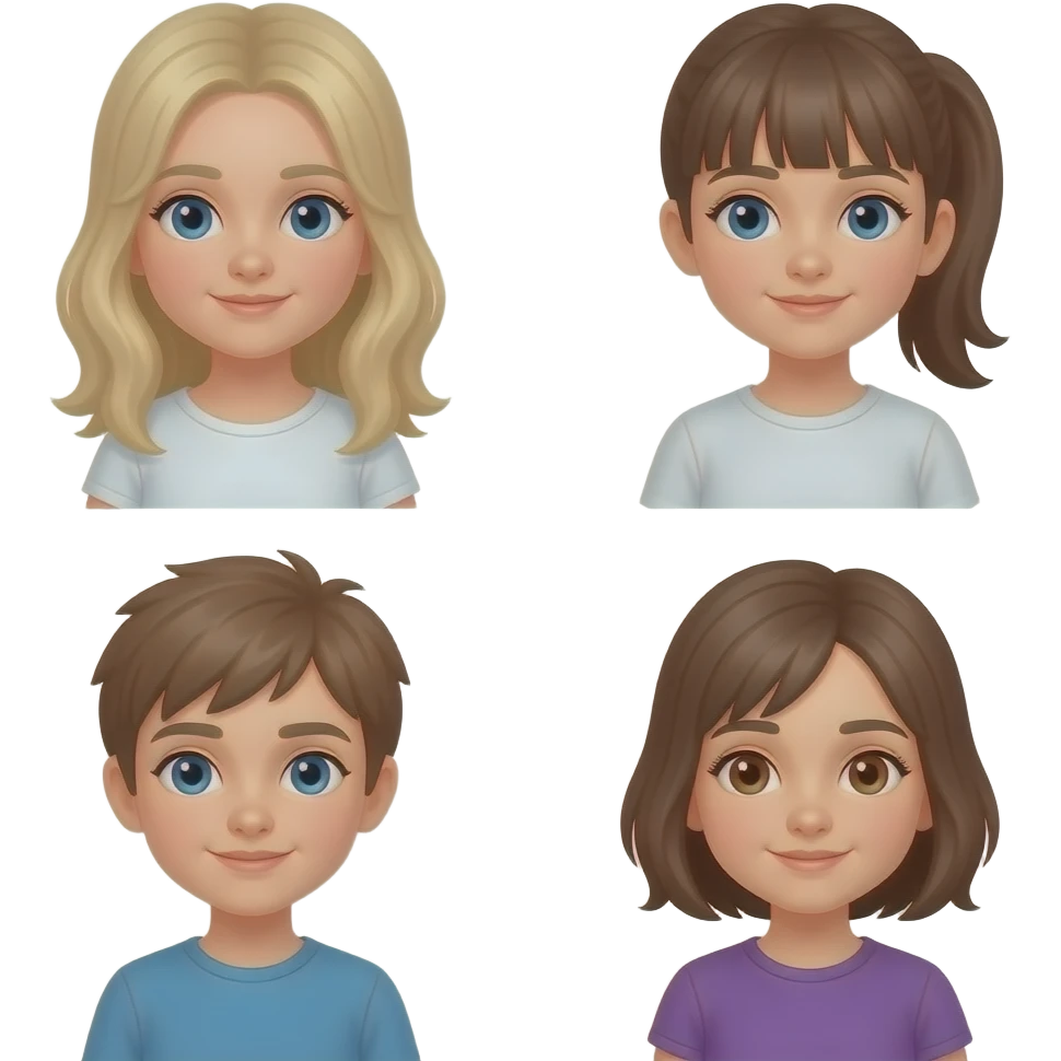 Older Girl with light blonde hair blue eyes, girl with light brown hair and ponytail with bangs and blue eyes, boy light brown hair blue eyes, girl Brown shoulder length hair brown eyes purple t-shirt emoji