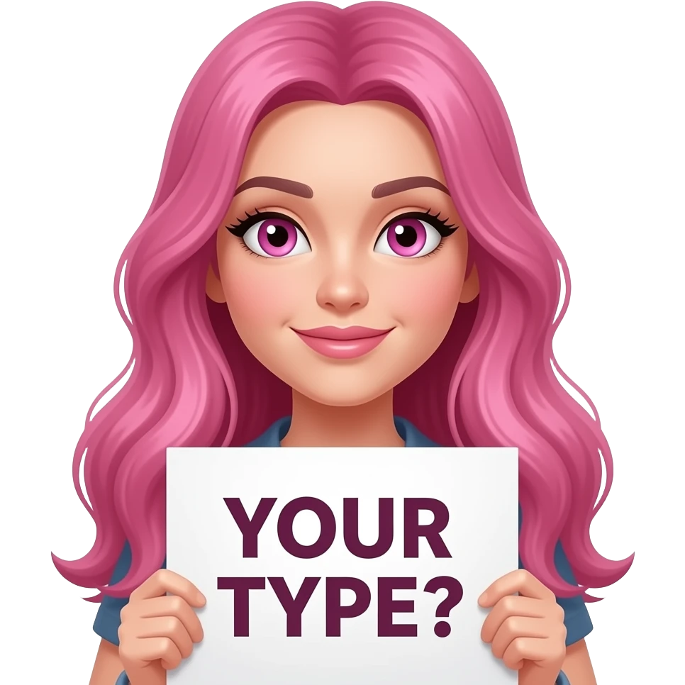 sexy girl with long pink hair and pink eyes wearing a holding a YOUR TYPE? sign emoji