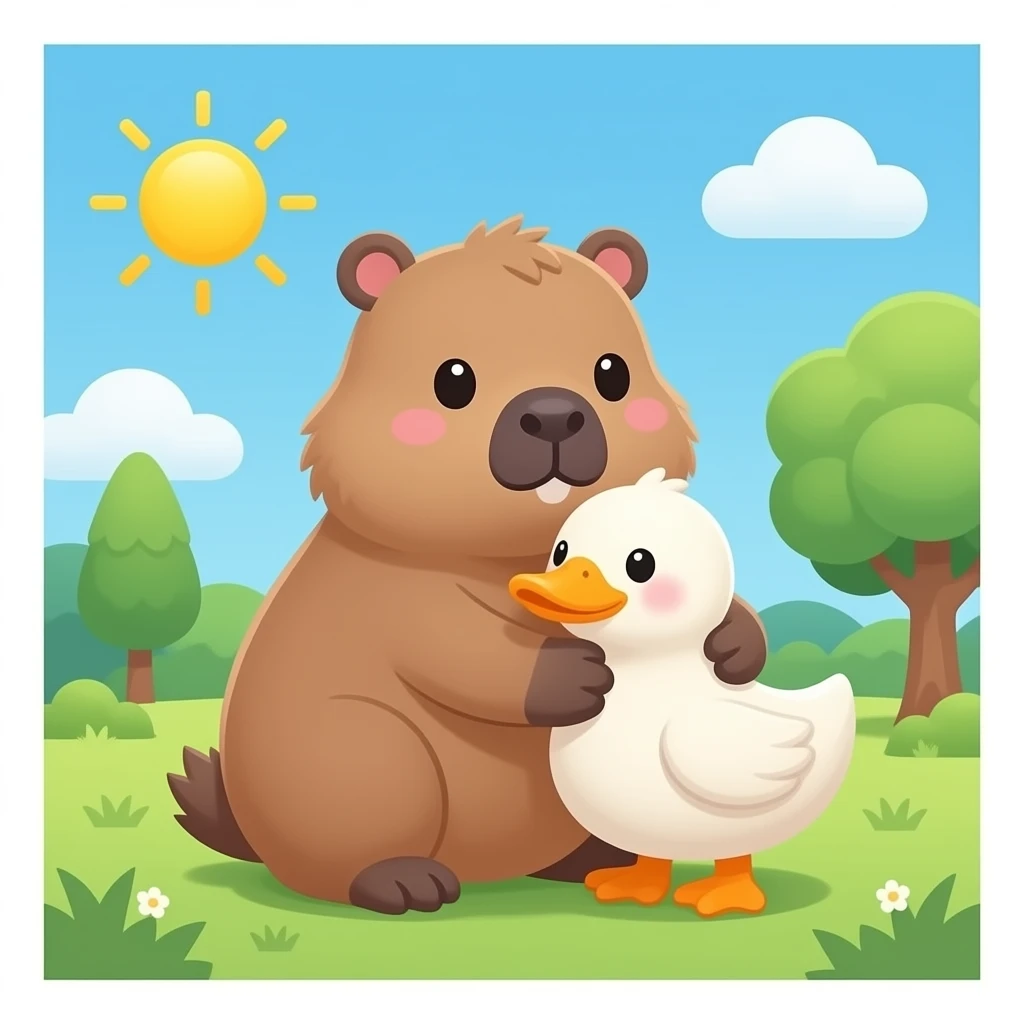 Make a capybara hugging a duck kawwaii emoji