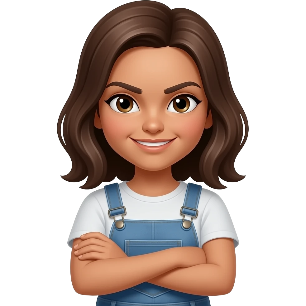 Brown hair girl with an evil smirk on her face but tanish skin more of a smirk  and arms crossing each other like folded in but no bangs emoji