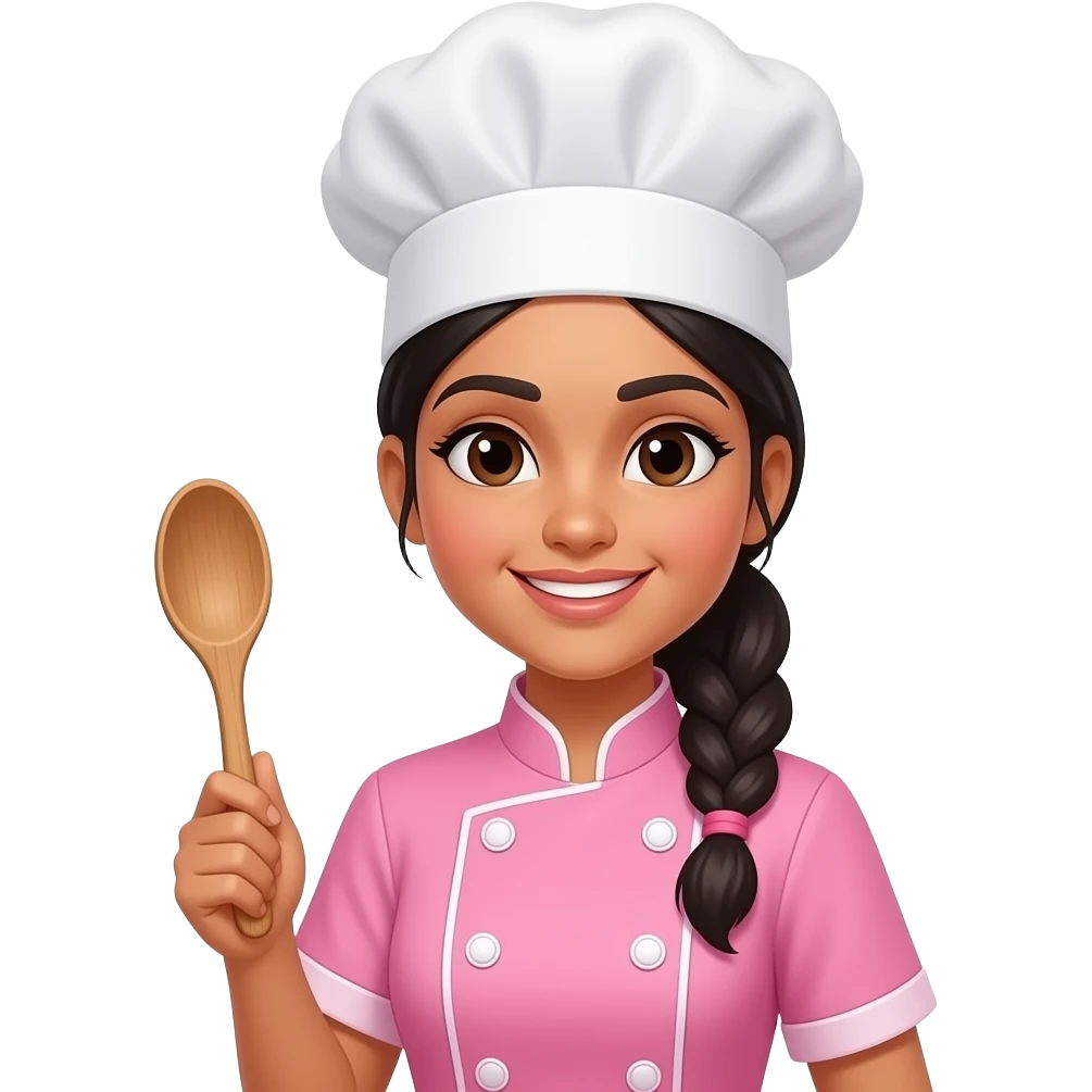 Chef Indian brown girl black hair 20 year old holding a wooden spoon wearing a chef hat and her uniform is pink and she’s 20 emoji