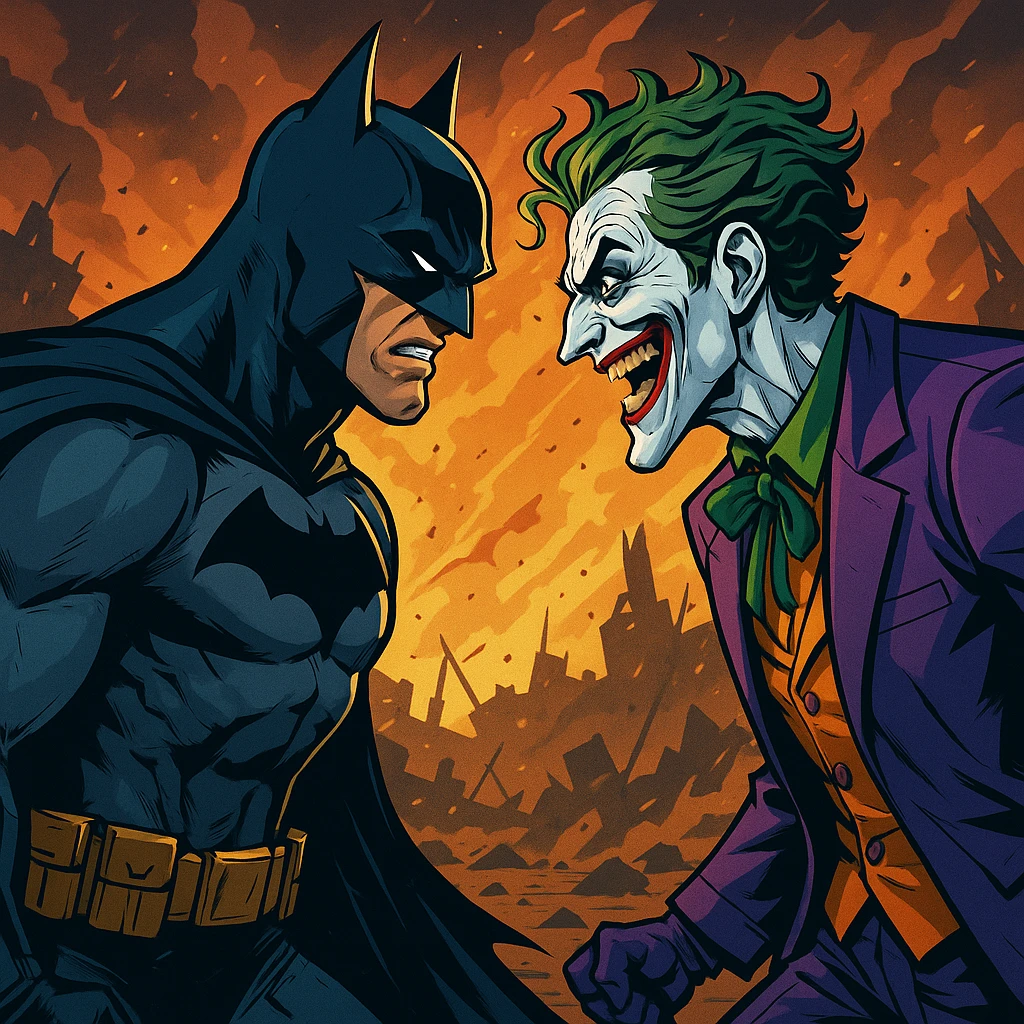 vector art of batman and joker, battleground background 
 emoji