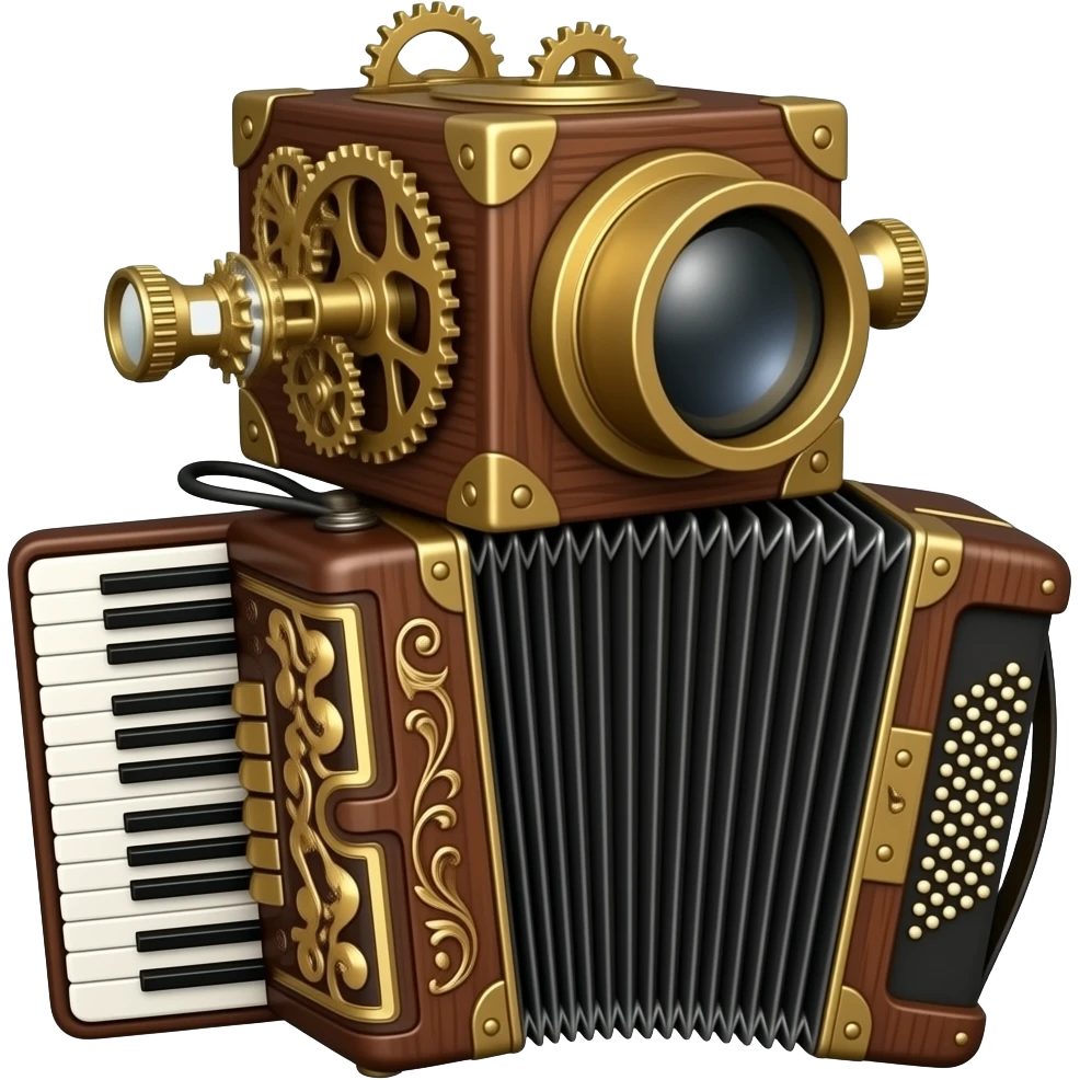 steampunk wooden eccentric camera obscura on accordion emoji