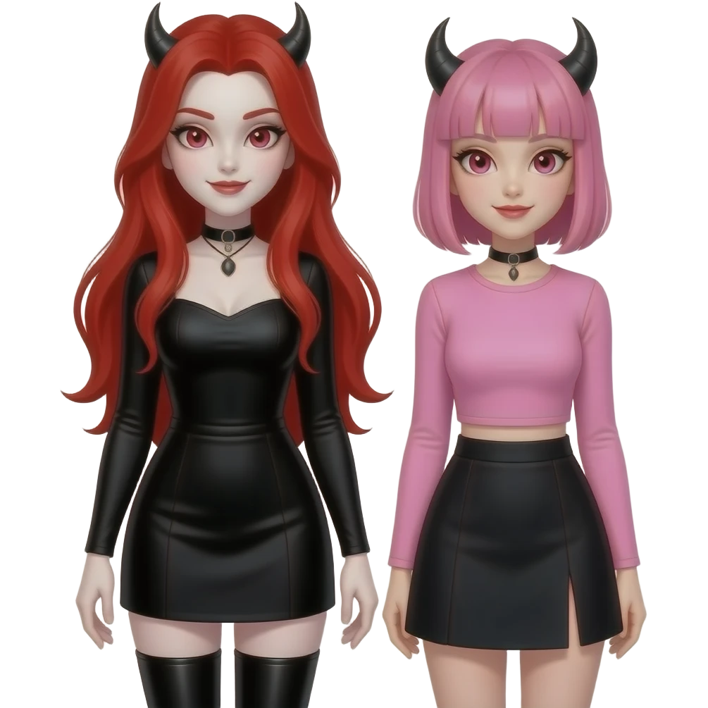 Vampiro femmina ADOLESCENTE con pelle bianca e capelli rossi lunghi che indossa un tubino nero con maniche lunghe e degli stivali lunghi neri con tacco  insieme alla sua amica VAMPIRO con i capelli rosa e la frangia che ha una gonna corta nera e un top con le maniche lunghe rosa emoji