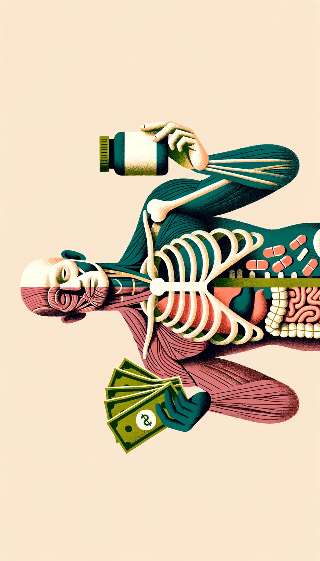 corpo umano anatomico che tiene nella mano destra una boccetta di integratore e nella mano sinistra delle banconote, sfondo neutro chiaro emoji