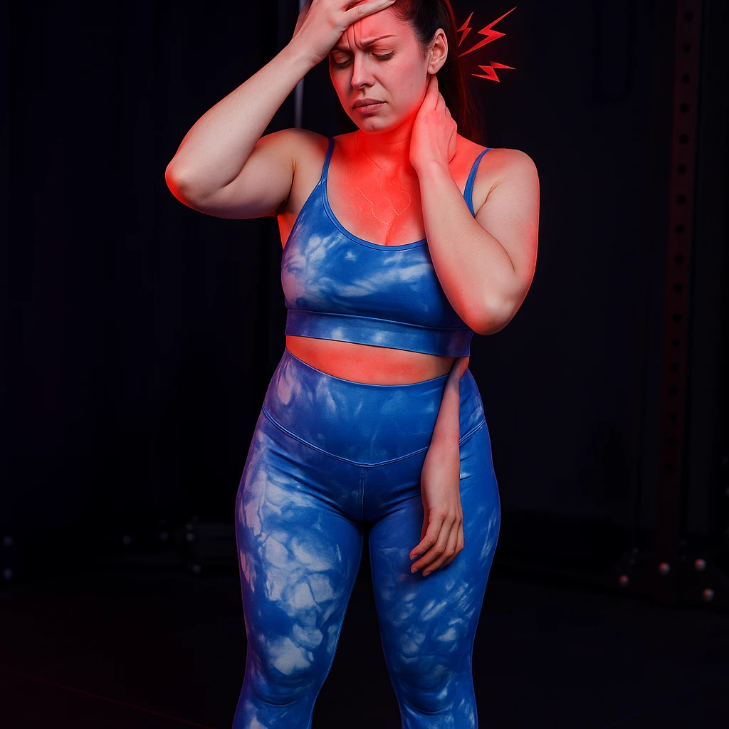 Realistic style edit of the girl identical to the photo with one hand on the forehead and one on the neck, expression of headache and cervical pain. Pain symbols like redness and lightning on neck and head. emoji