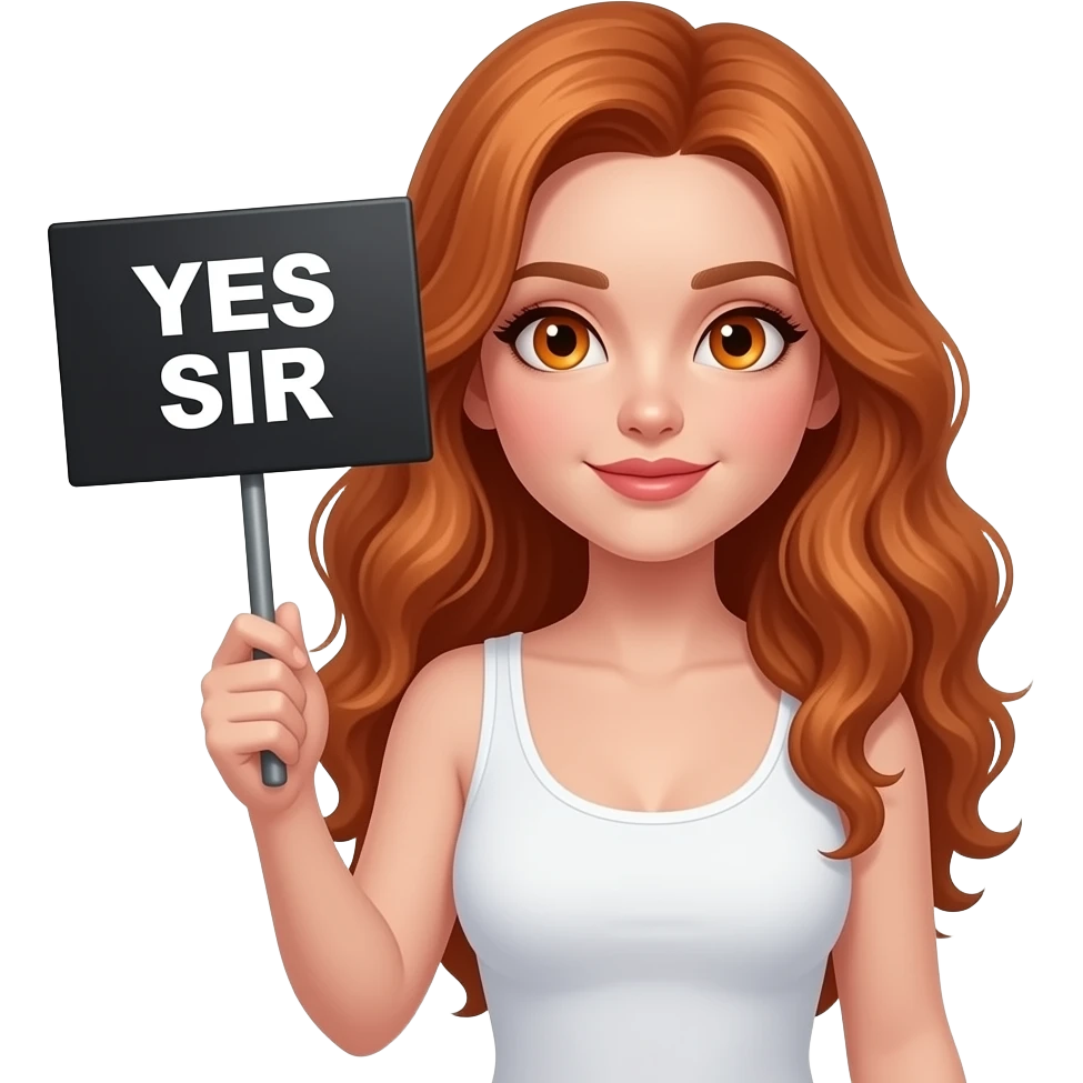 sexy girl with long wavy ginger hair and ginger eyes wearing a white tanktop is holding a black colored sign with YES SIR written on it emoji