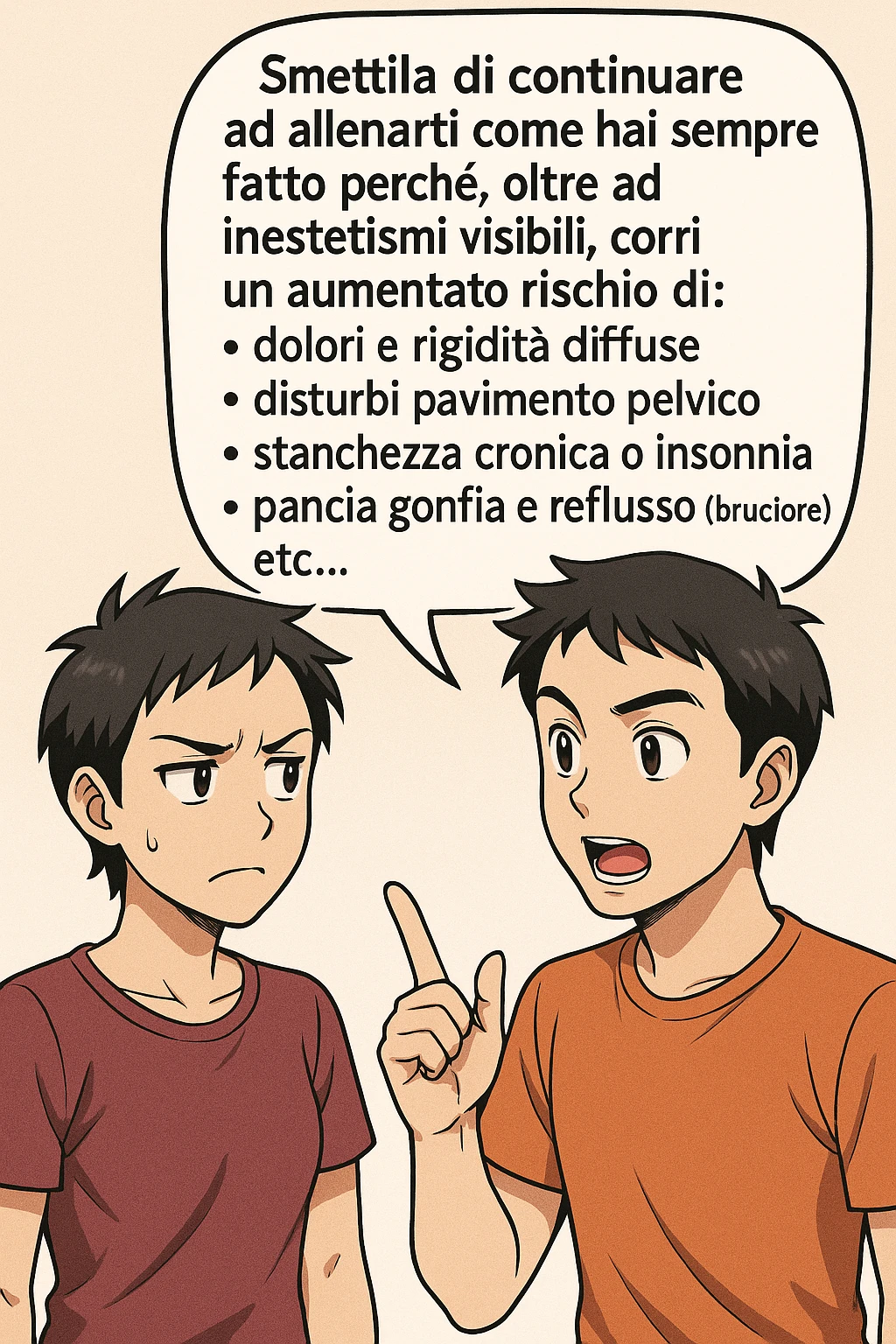 TRASFORMA QUESTO CAROSELLO IN UN FUMETTO STILE MANGA A COLORI CON QUESTE DUE PERSONE IDENTICHE CHE INTERLOQUISCONO TRA LORO:

LUI (UOMO): Smettila di continuare ad allenarti come hai sempre fatto perché, oltre ad inestetismi visibili, corri un aumentato rischio di:
    • dolori e rigidità diffuse
    • disturbi pavimento pelvico
    • stanchezza cronica o insonnia
    • pancia gonfia e reflusso (bruciore)
    • etc… emoji