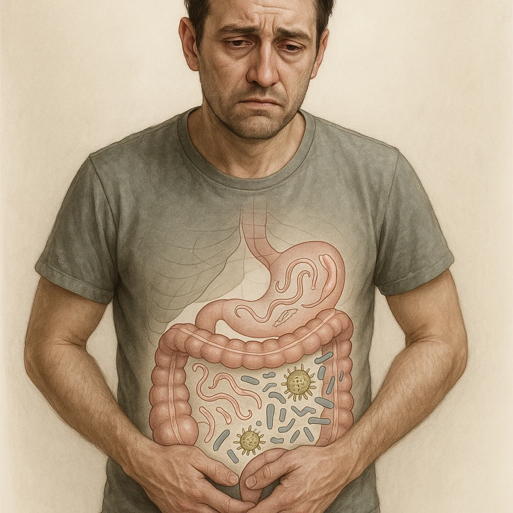 Realistic style illustration of a man about 35 years old holding his lower abdomen with evident discomfort. Tense and tired expression, slightly sunken eyes, dull skin. Transparent overlay on the abdomen showing stylized illustrations of intestinal parasites and bacteria in imbalance (dysbiosis), with the intestine schematically depicted as in a medical study. Medical and realistic illustrative elements. emoji