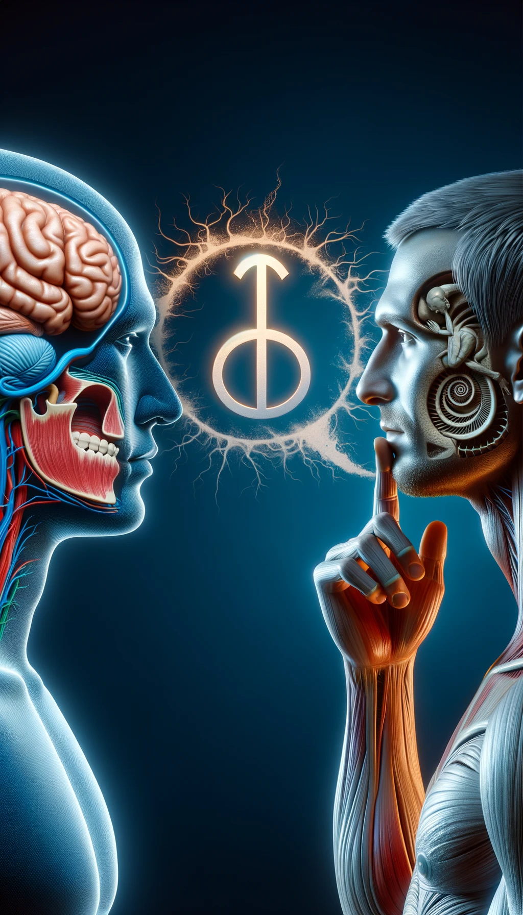 corpo umano anatomico che parla ma sopra di lui c'è il muto, un altra persona lo ascolta, immagine iperrealistica 4k emoji