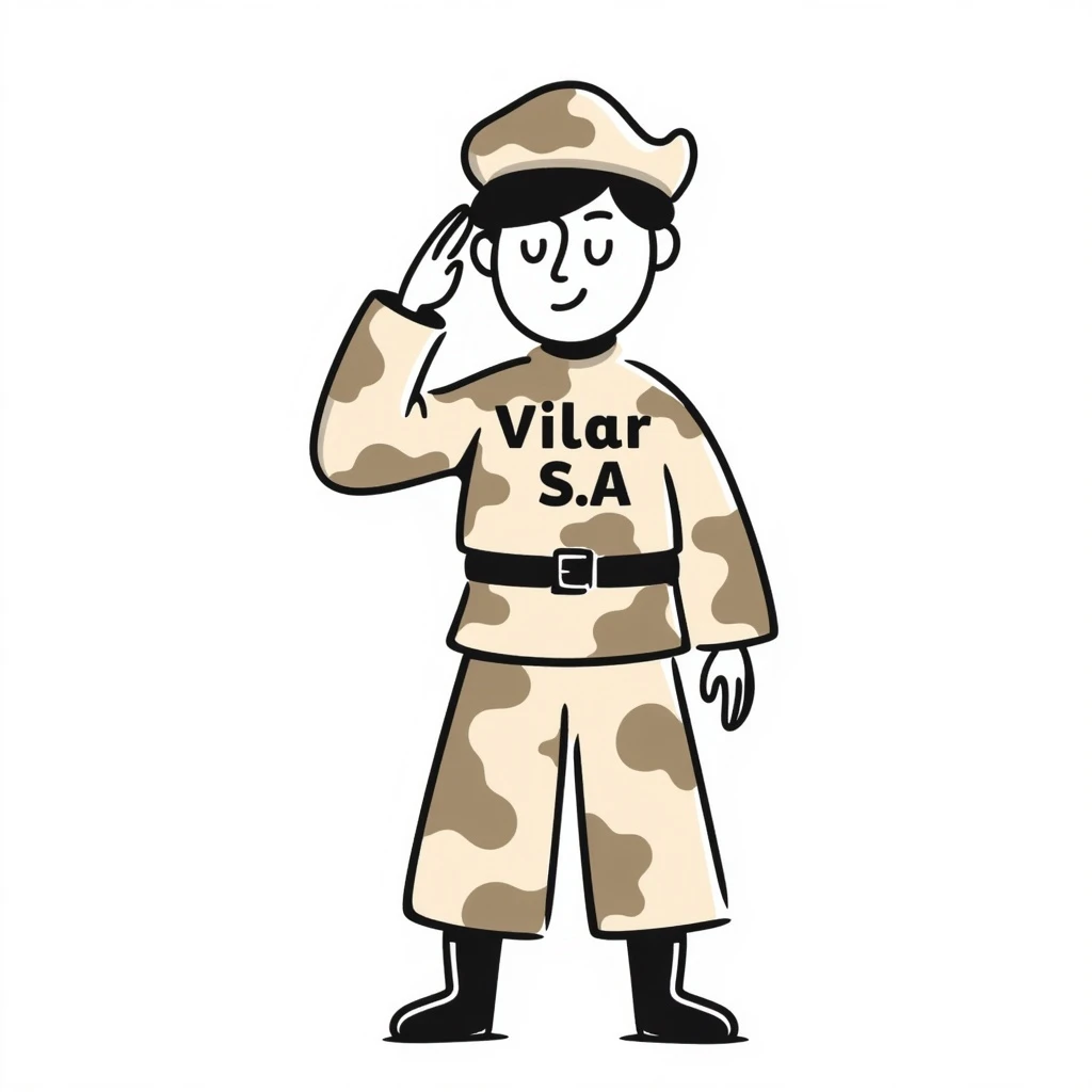 muñeco soldado con uniforme camuflado (crema, marrón, beige), saludando como militar, con 'Vilar S.A.' en el pecho, estilo dibujo a mano alzada emoji