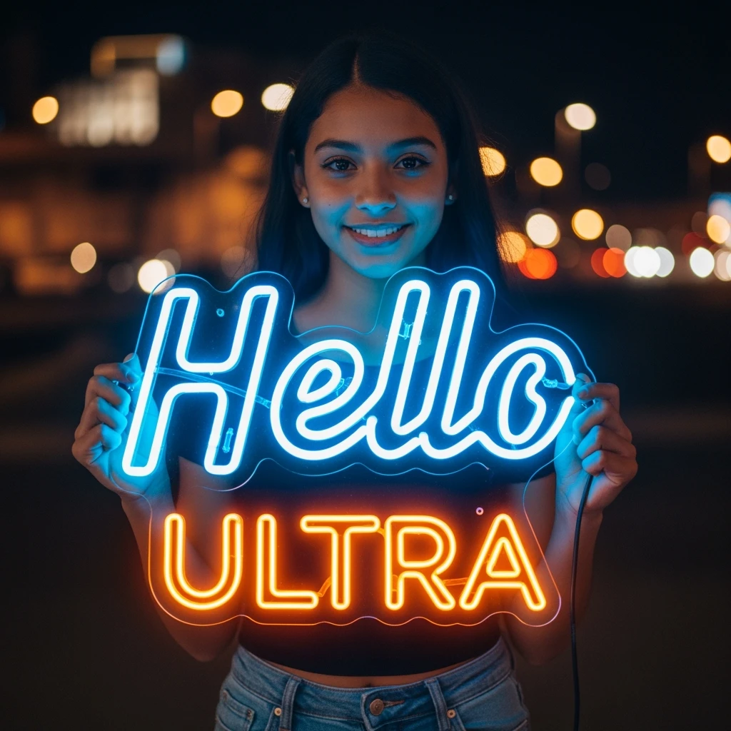 make a girl holding this sign, but sign in made of neon, also add ultra below the sign emoji