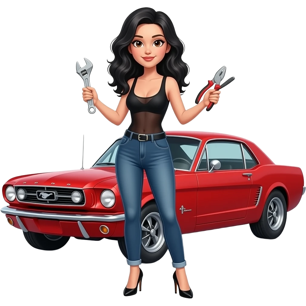 Pale girl with wavy jet black hair and brown eyes in front of a red ford mustang 1968 coupe. Girl wearing a sheer black sleeveless top, low rounded neckline, jeans and heels with visible toes. Girl holding an adjustable wrench in his right hand and a pair of multi-grip pliers in his left hand. emoji