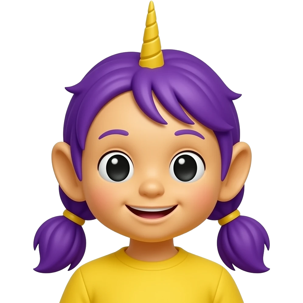 Shirley Shawn the Unicorn from The Wiggles with black eyes, yellow skin, purple hair emoji