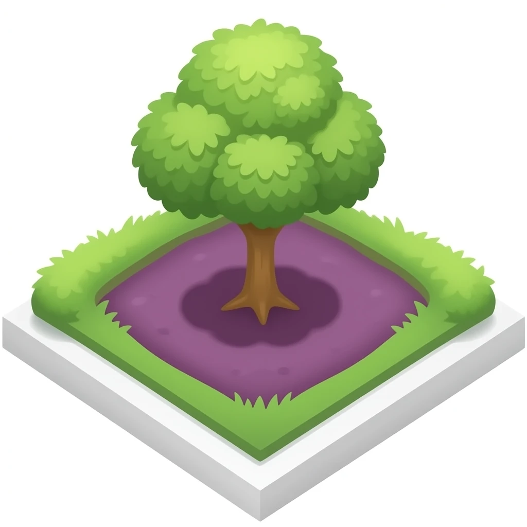 lote de terreno quadrado com o solo roxo e uma arvore emoji