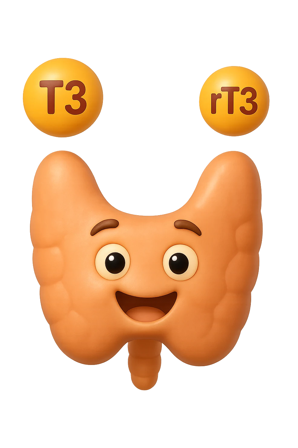 EMOJI STILE IPHONE 3D DI ormoni tiroidei (T3 ed rT3) che fluttuano in aria intorno ad una tiroide felice, iperrealistico 4k emoji