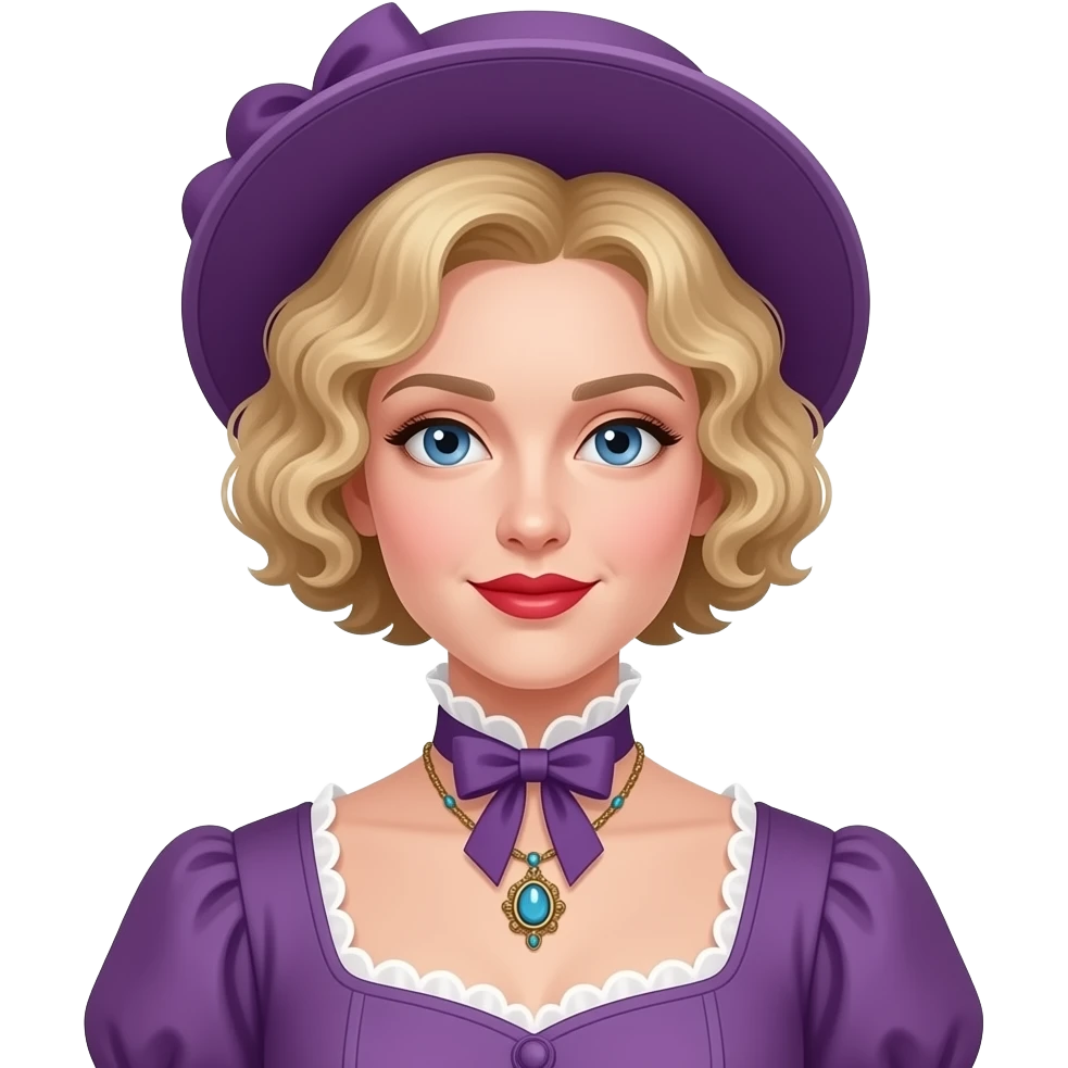 Victorian look with blonde short tight curls bob hair side swept in a purple victorian dress, antique necklace and purple Victorian hat, red lipstick emoji