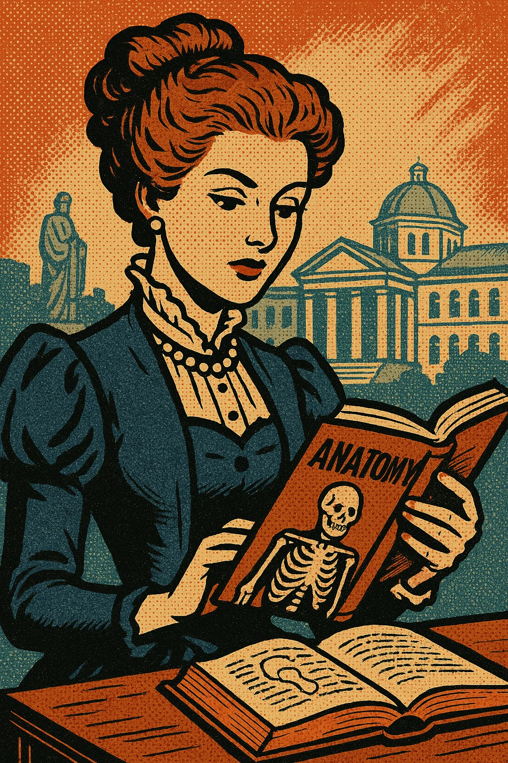 A young wealthy victorian women reading a  book about human anatomy in a university emoji