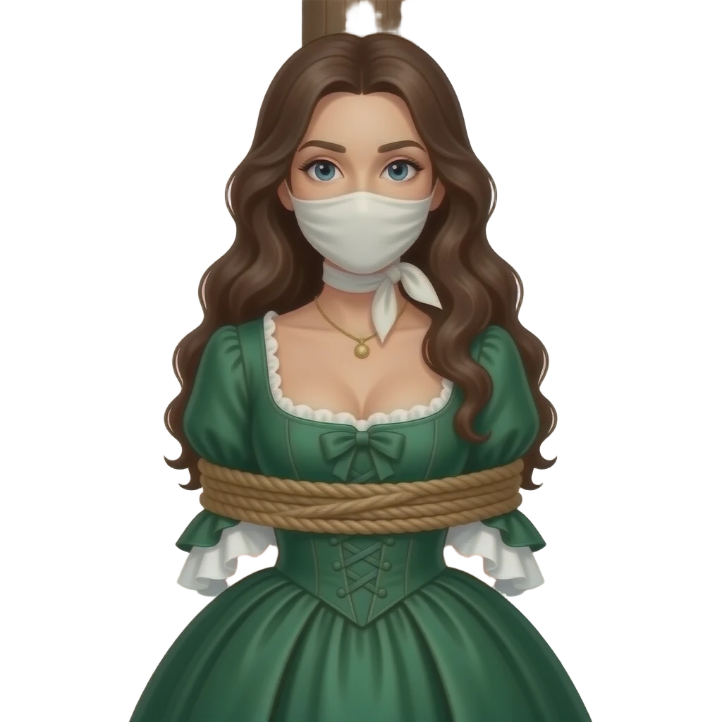 Brunette woman in emerald green 1770s gown with long flowing hair, ample bosom, gagged and bound to tall post, with rope tied just beneath bosom and rolled handkerchief tied around her mouth from behind. No chains or facemask. emoji