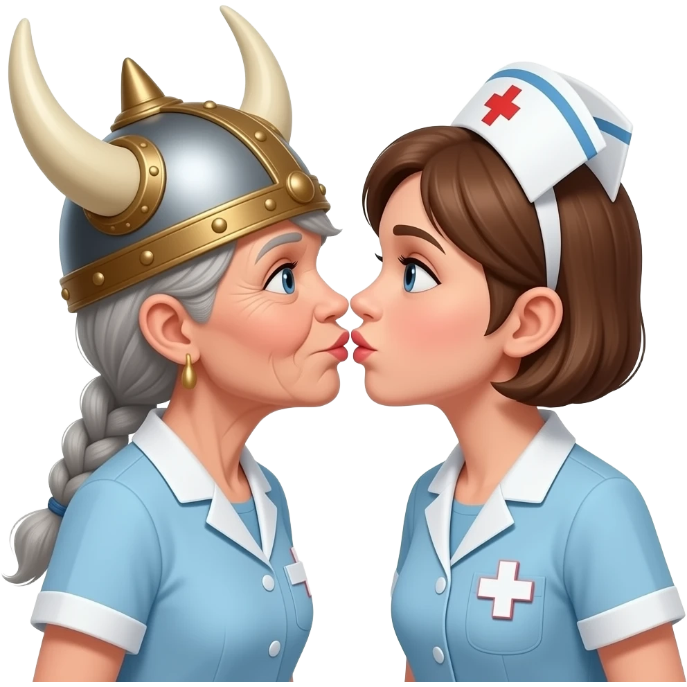 Viking helmet gray braids old woman french kissing shortest hair brunette granny woman nurse emoji