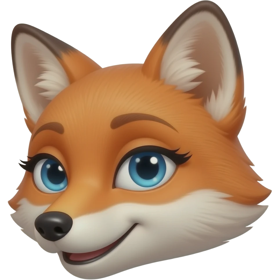 "A close-up emoji face of a beautiful red-orange vixen fox with vibrant blue eyes. She has a seductive, flirty expression with heavy-lidded 'bedroom eyes' and very long, thick black eyelashes. A soft, knowing smirk on her muzzle and a graceful head tilt. emoji