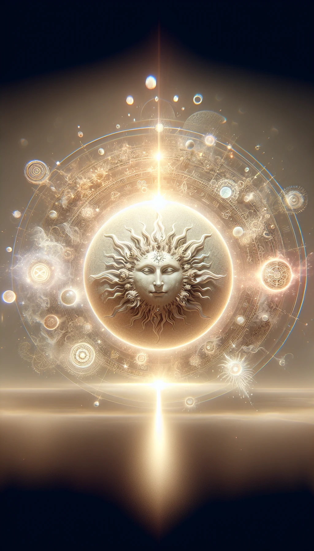 il sole è dio, sfondo mistico neutro chiaro, attorno al sole fluttua una magia mitologica, iperrealistico 4k emoji