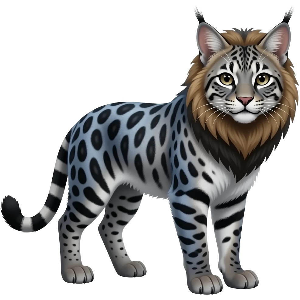 Realistic patterned marked edgy bluish greyish blackish whitish silvery Shiny Colorful Dusky Dark Glossy Genet-Caracal-Lion-Bobcat-fusion-animal-hybrid-creature, full body, tufted ears, long thin tufted tail emoji