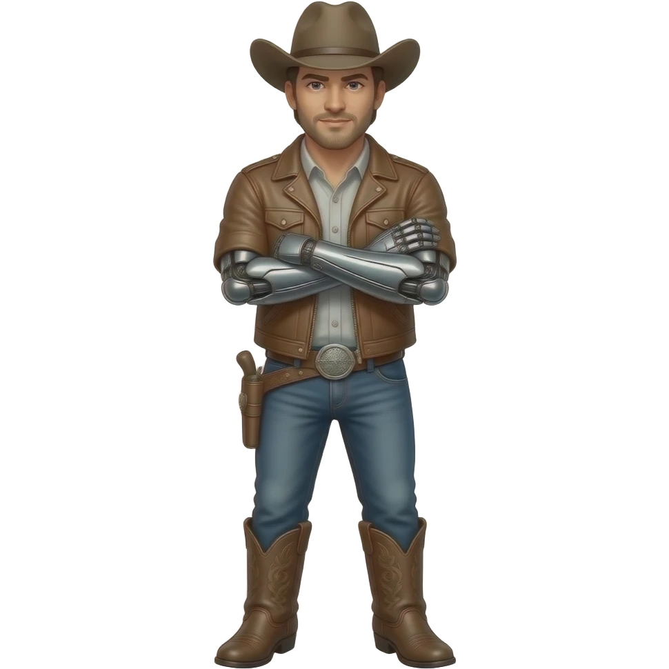 cowboy man with both bionic arm folded , western cowboy dress cloth closeup emoji