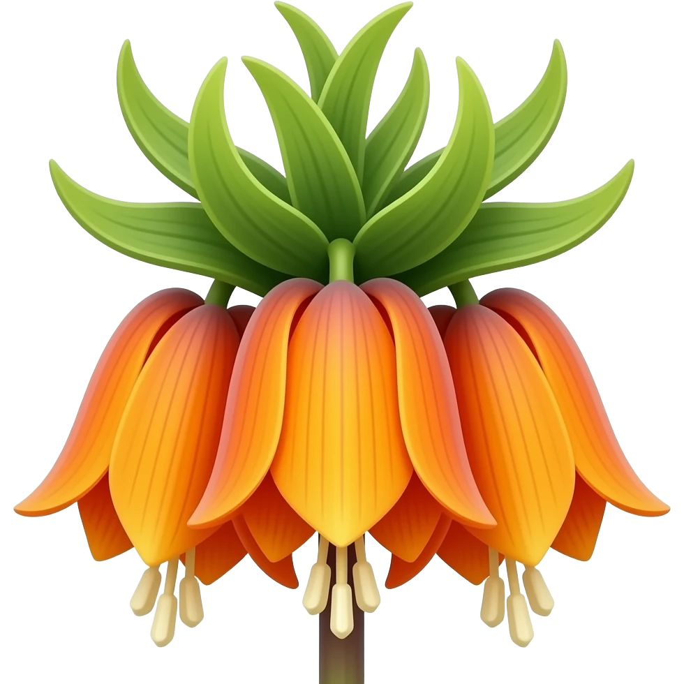 оранжевые поникающие цветы Crown Imperial, крупные колокольчатые цветы свисают вниз, яркий оранжево-золотой цвет с плавным переходом в светло-жёлтый по краям, сверху пучок длинных зелёных листьев как корона, один стебель, реалистичный стиль, глянцевые лепестки, светлый простой фон, по центру emoji