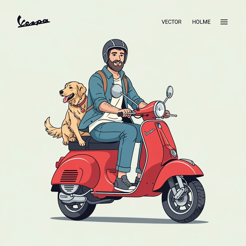 vector art of a man and his pet dog riding a vespa, for website design  emoji