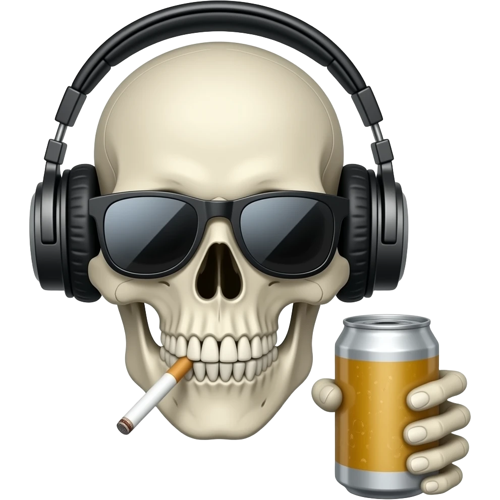 Skull with headphones and sunglasses smoking a cigarette and drinking a beer emoji