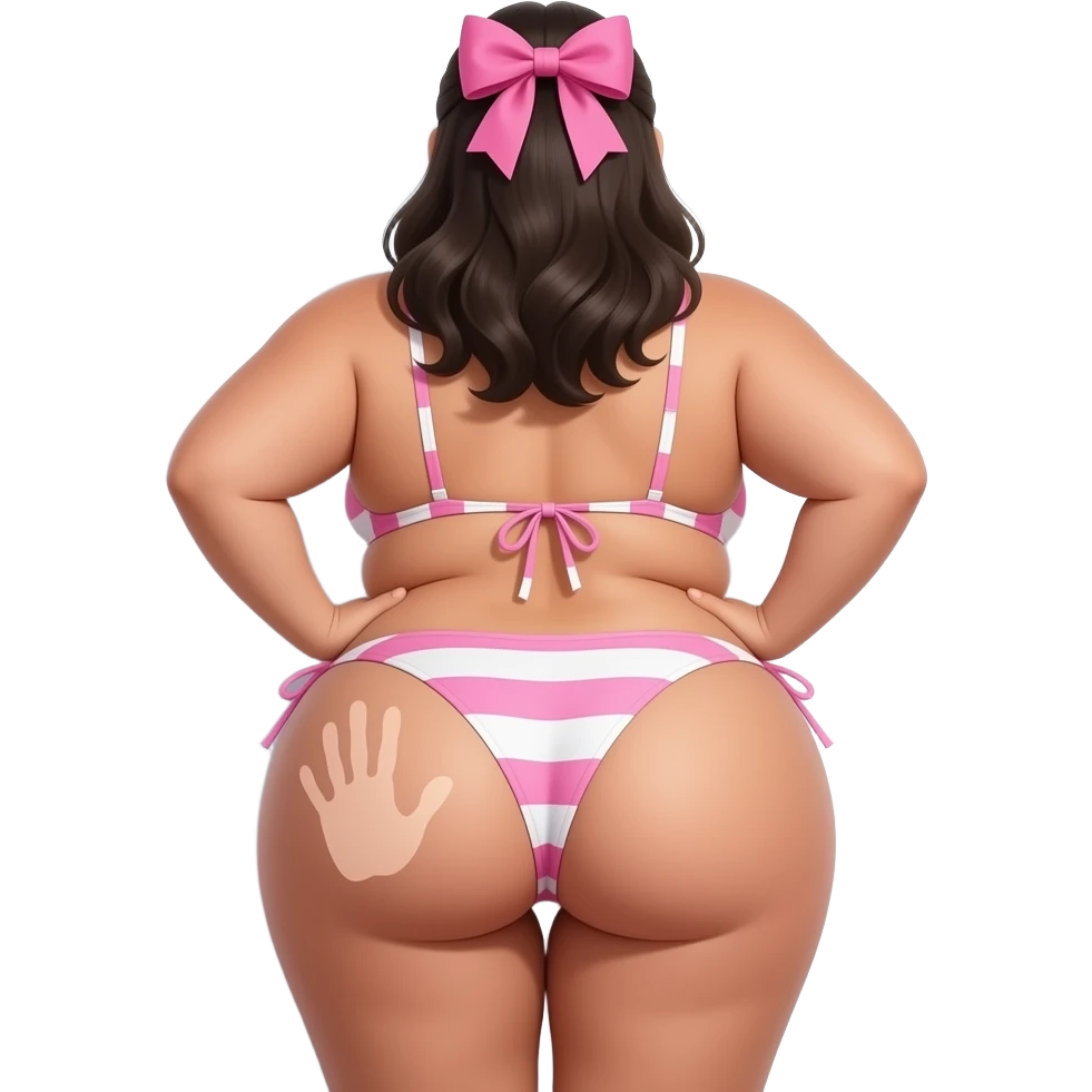 A tanned really extremely fat pink and white big booty latina showing back its bikini and big thighs and buttocks while putting her hands behind the wall and she has a skin colored hand print on her left buttocks and she with a pink bow tie on her head emoji