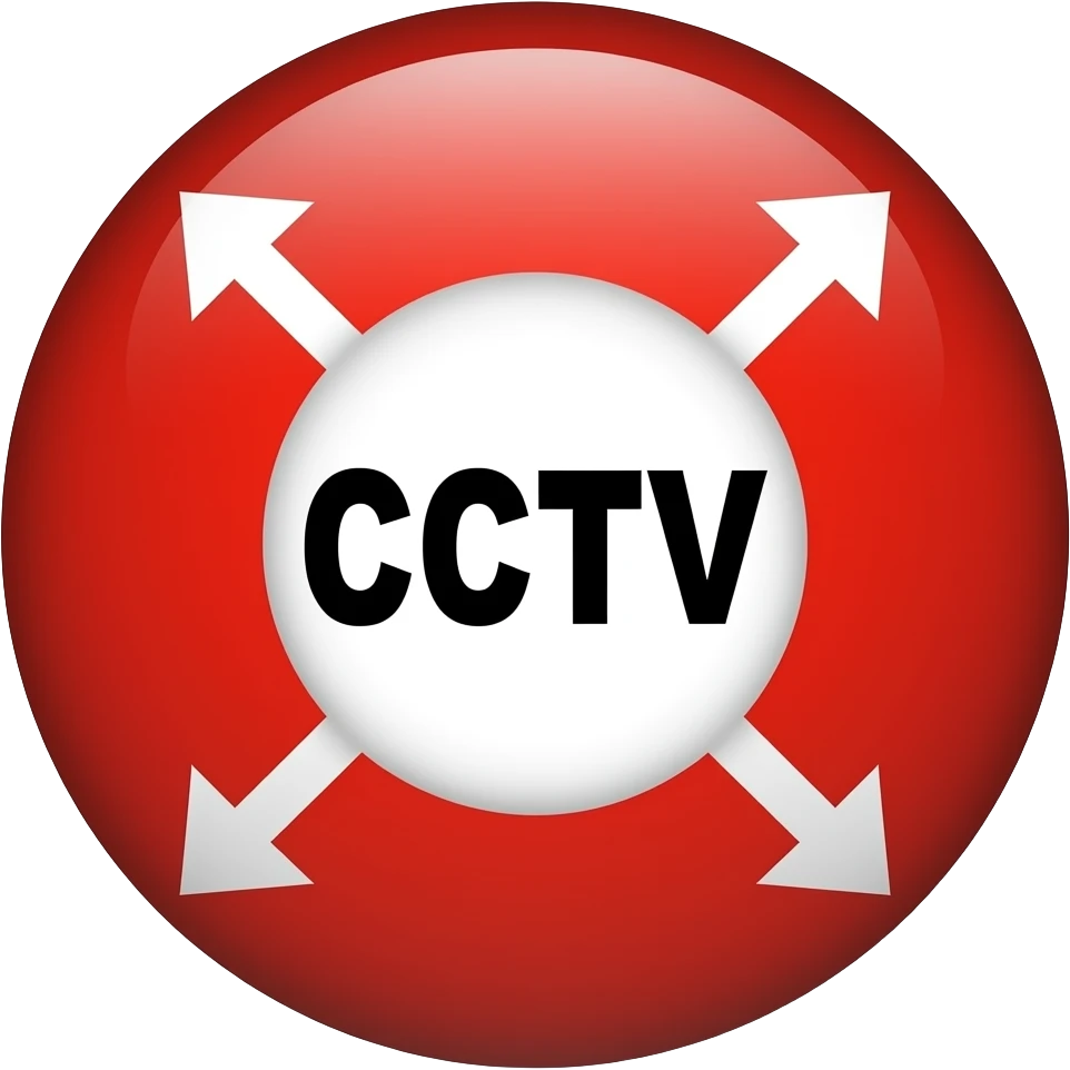 Red filled circle with white X and arrow on all end points on the X white circle in the middle. Biggest CCTV word in the centre in black emoji