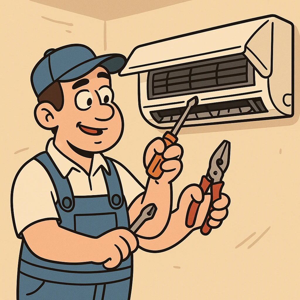 air conditioning technician fixing AC unit, simple and bold, cartoon style emoji