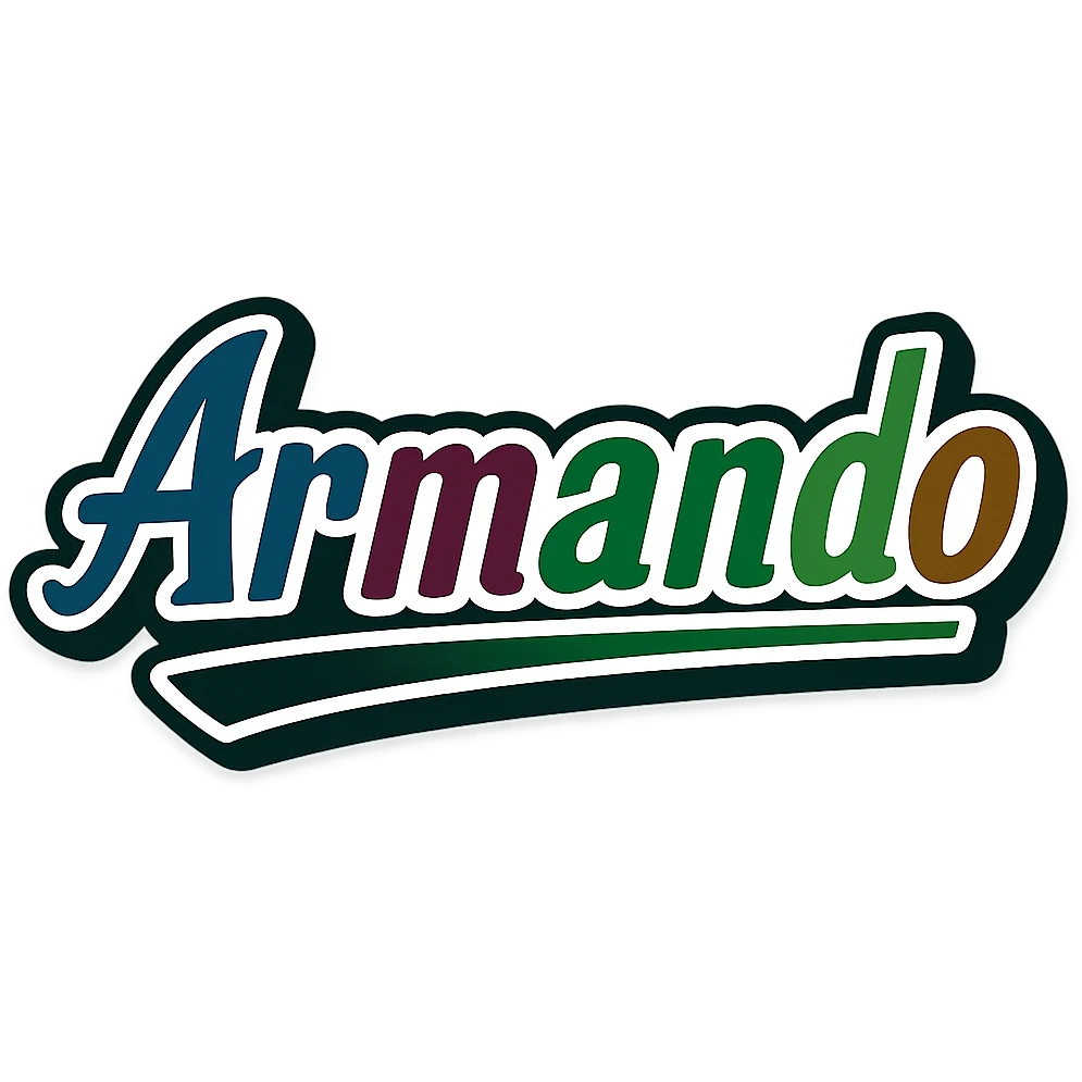 The name 'Armando' in a masculine, modern font with gradient colors including blue, gray, burgundy, green, and brown. The text uses precise Hungarian characters, has a dark outline, extra thick and prominent white letter border, and a dynamic slanted underline. Image size 1000x1000 px, PNG format, transparent background. emoji
