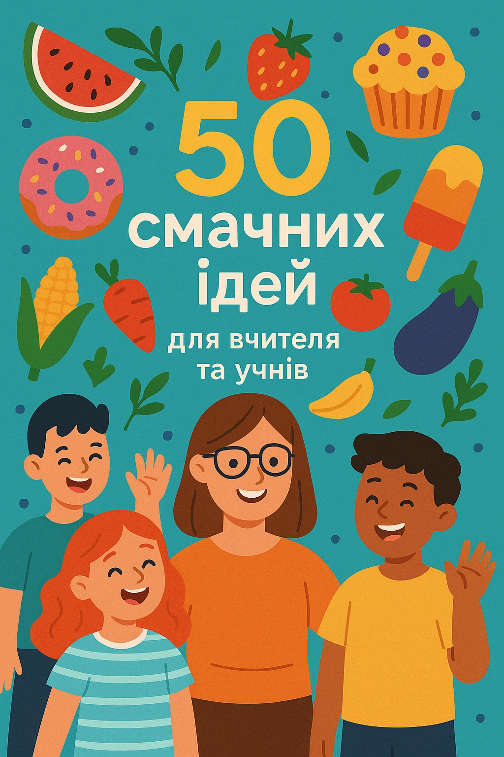 Cover of a guidebook with Ukrainian text: '50 смачних ідей для вчителя та учнів'. Modern style, bright colors, illustrations of food including fruits, vegetables, desserts, smiling teacher and students, festive atmosphere, clean design. emoji