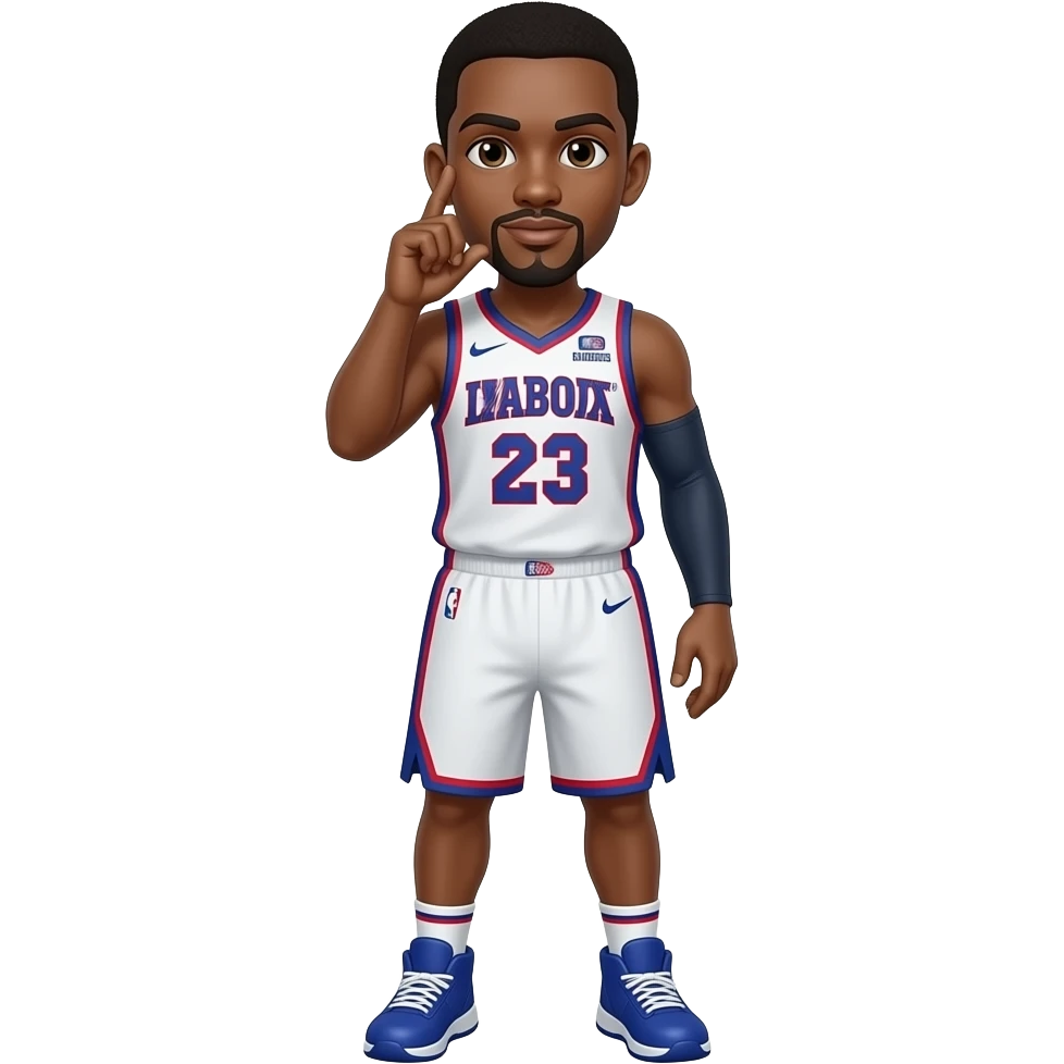 Make the mans skin light brown and a basketball player with his first and second fingers held up to his right ear and his thumb held on his lips like a phone emoji