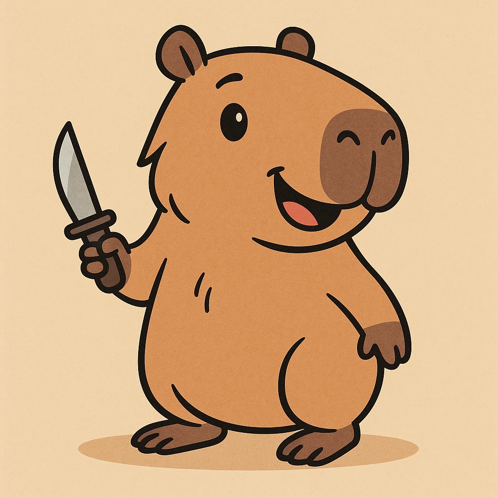 adorable cartoon capybara with a small knife, friendly and non-threatening emoji