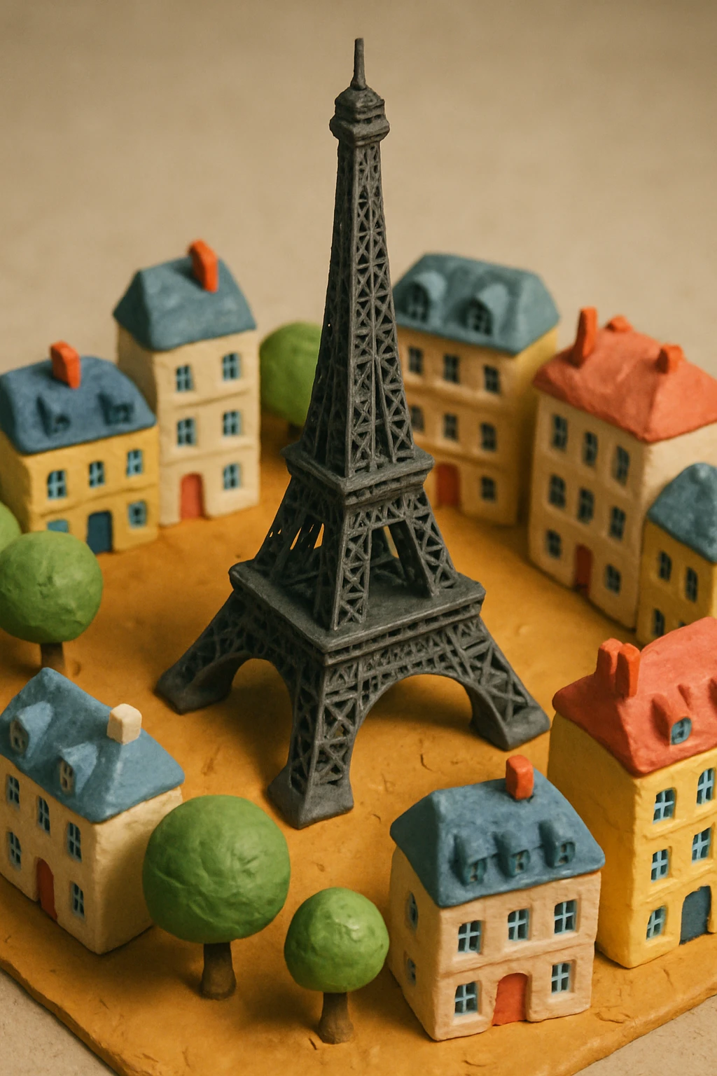 Isometric illustration of Paris, featuring the photorealistic Eiffel Tower surrounded by small Parisian buildings and trees, highly detailed in semi-realistic style emoji