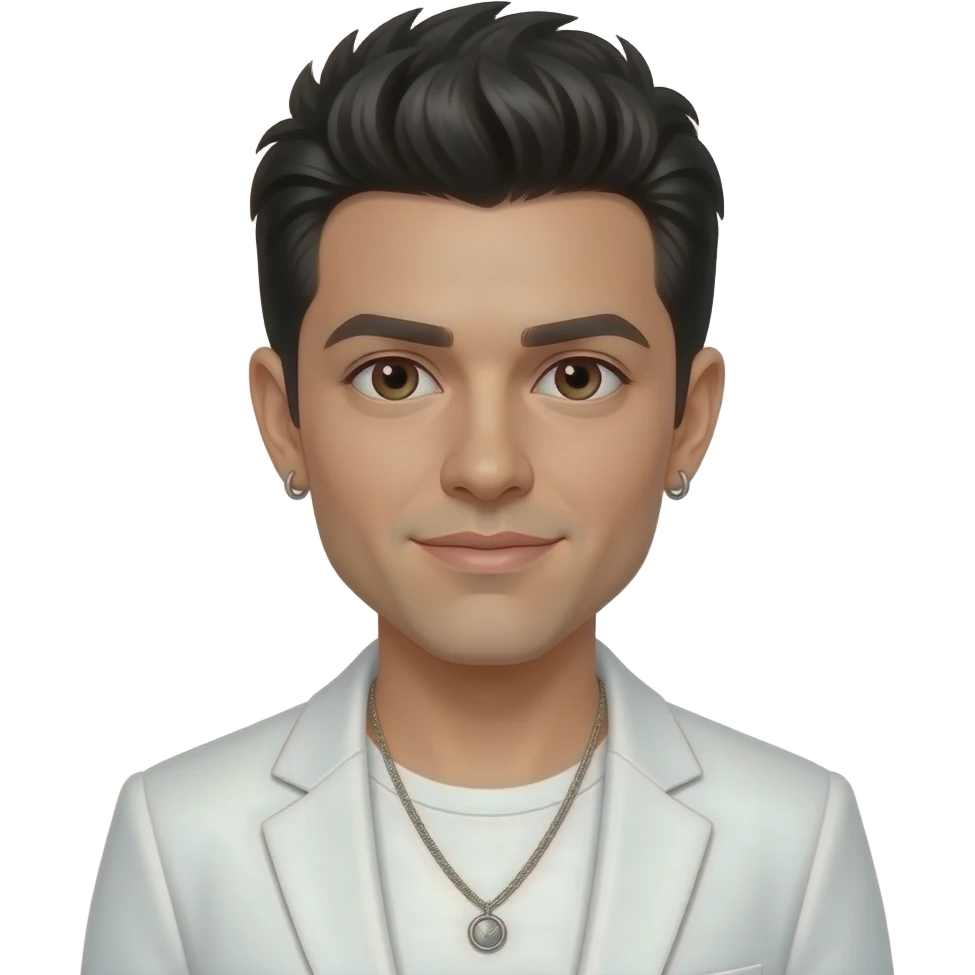 AJ McLean from Backstreet Boys with brown eyes, black hair, white pop outfit, necklace and earrings emoji
