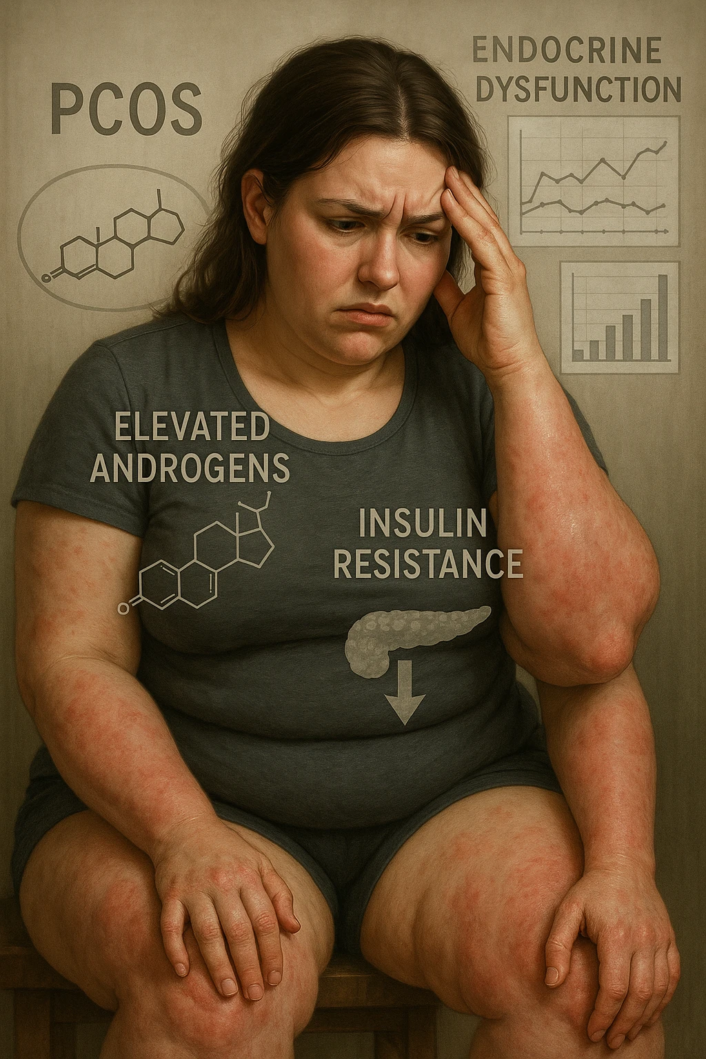 cinematic realistic in italiano Woman with PCOS struggling with hormonal chaos, transparent overlay showing elevated androgens and insulin resistance affecting her body, lipedema causing disproportionate fat accumulation in legs and arms despite normal torso, expression of frustration with unexplained weight gain, medical charts showing complex endocrine dysfunction, painful swollen limbs contrasting with metabolic confusion scrivi in italiano emoji