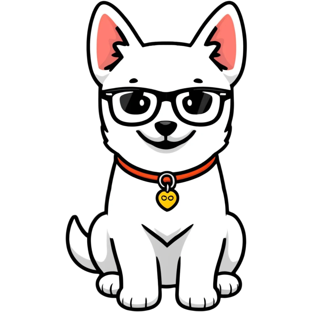 Dog wearing glasses with a sweet smile emoji