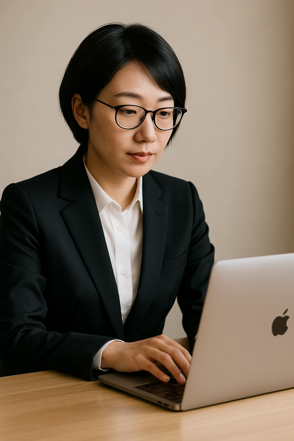 Asian woman with short black hair and glasses, typing on a MacBook, wearing a business suit emoji