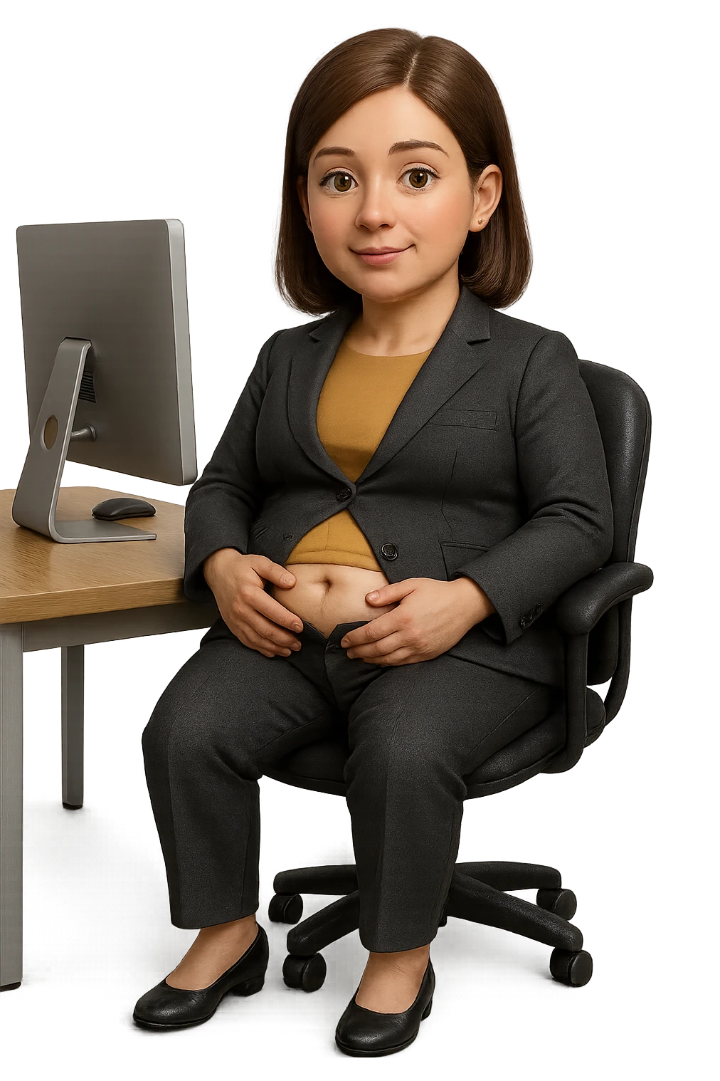 emoji stile iphone di una donna seduta alla scrivania dell'ufficio in completo elegante con i pantaloni sbottonati perché ha la pancia gonfia, falla a corpo intero, iperrealistico 4k emoji