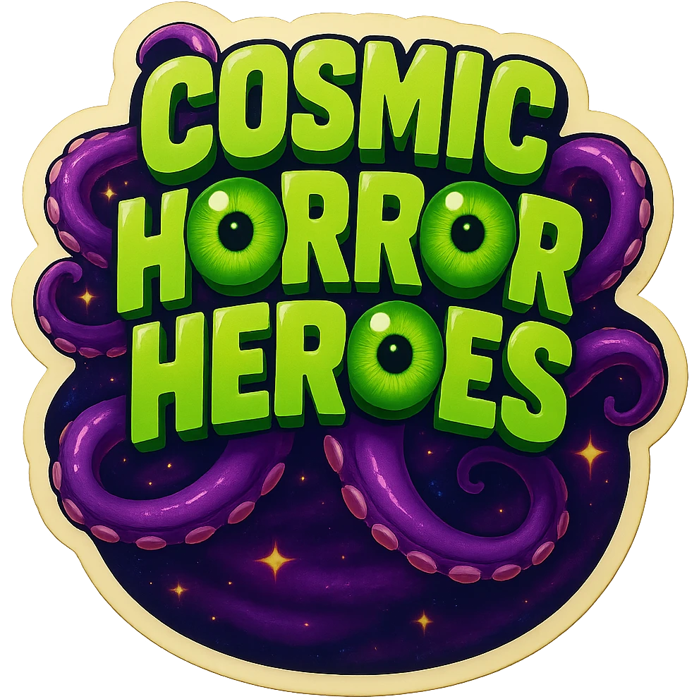 Render the design in retro stickers style with the 'O' in 'COSMIC' as a green eyeball matching the other eyeball letters. Include a spacey background and format the entire design to standard playing card dimensions (2.5 x 3.5 inches, vertical). Maintain the cosmic horror theme with green text and tentacles. emoji
