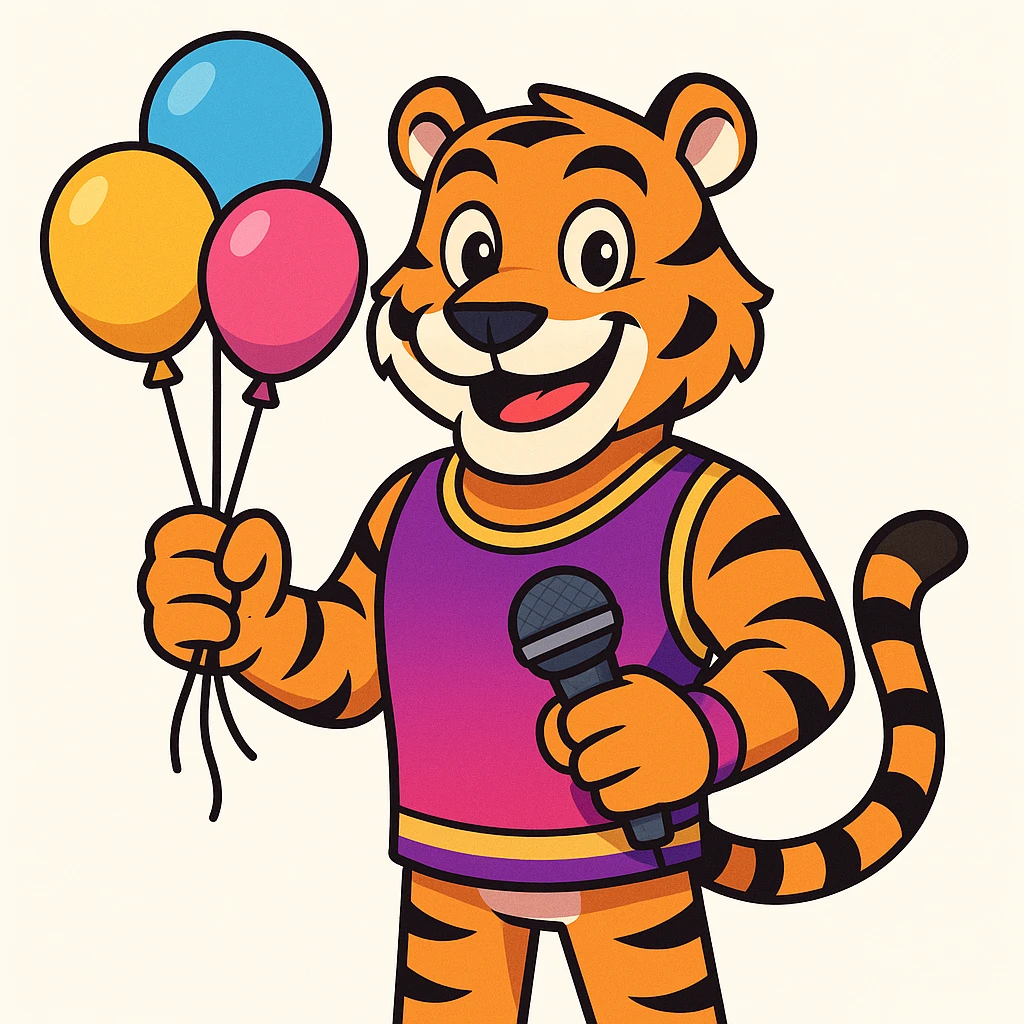 cartoon-style male tiger mascot standing upright smiling confidently with big eyes and a friendly expression wearing a purple and fuchsia vest or t-shirt holding both party balloons and a microphone in one hand clean modern colorful style with bold outlines and smooth shading color palette purple to fuchsia gradient gold accents white details energetic and fun perfect for a party and event company plain white background emoji