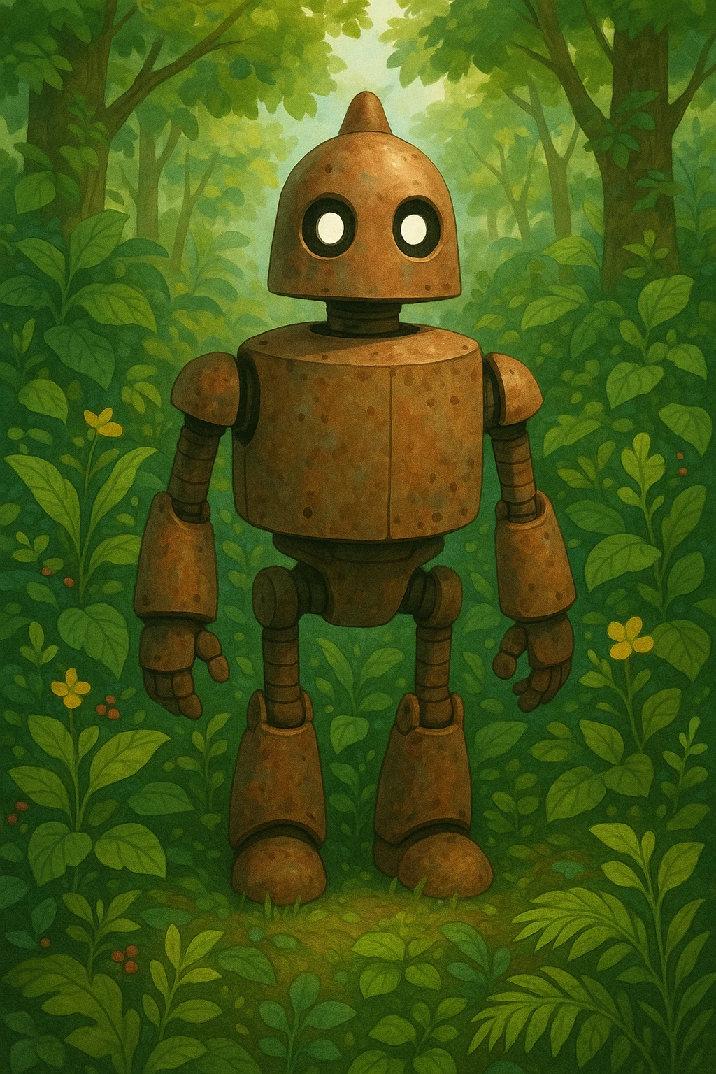 robot from The Wild Robot movie, surrounded by forest plants, soft lighting, friendly and approachable design emoji
