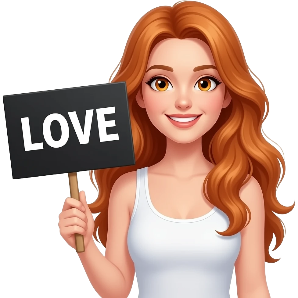 sexy girl with long wavy ginger hair and ginger eyes wearing a white tanktop is holding a black colored sign with LOVE written on it emoji