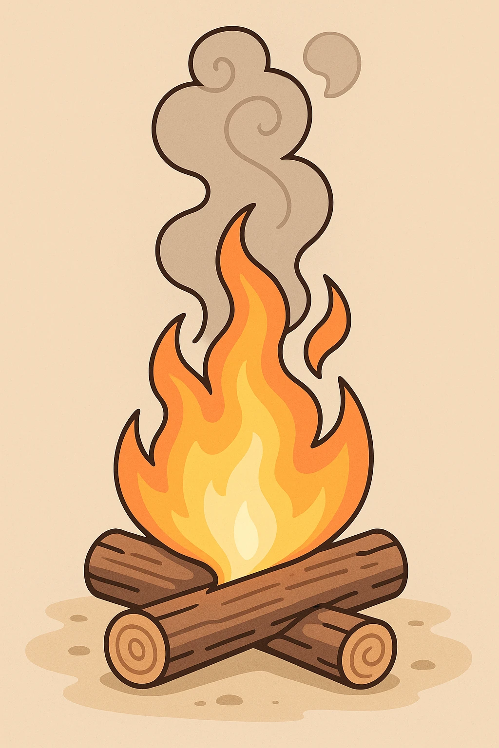 campfire with two logs, no person, flames and smoke gently mesmerizing swirling upward, clean and simple design emoji